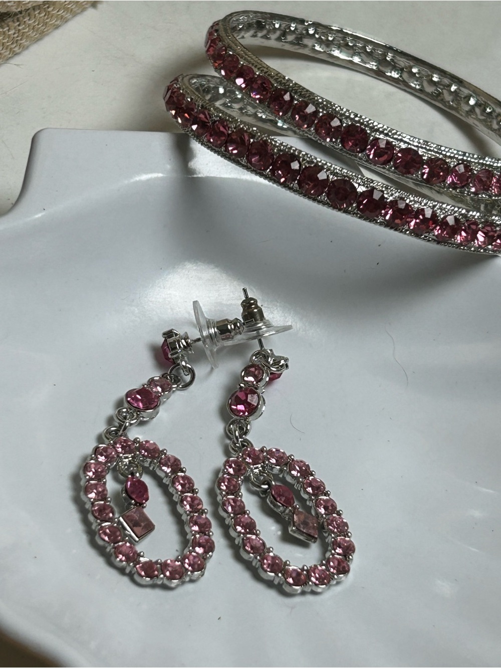 Pink Crystal Drop Earrings and Bangle Set